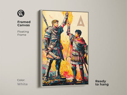 Create a unique wall art display with a framed fantasy artwork. This high contrast art print features knights in armor in a graphic novel style. The crimson teal and yellow add vibrancy.