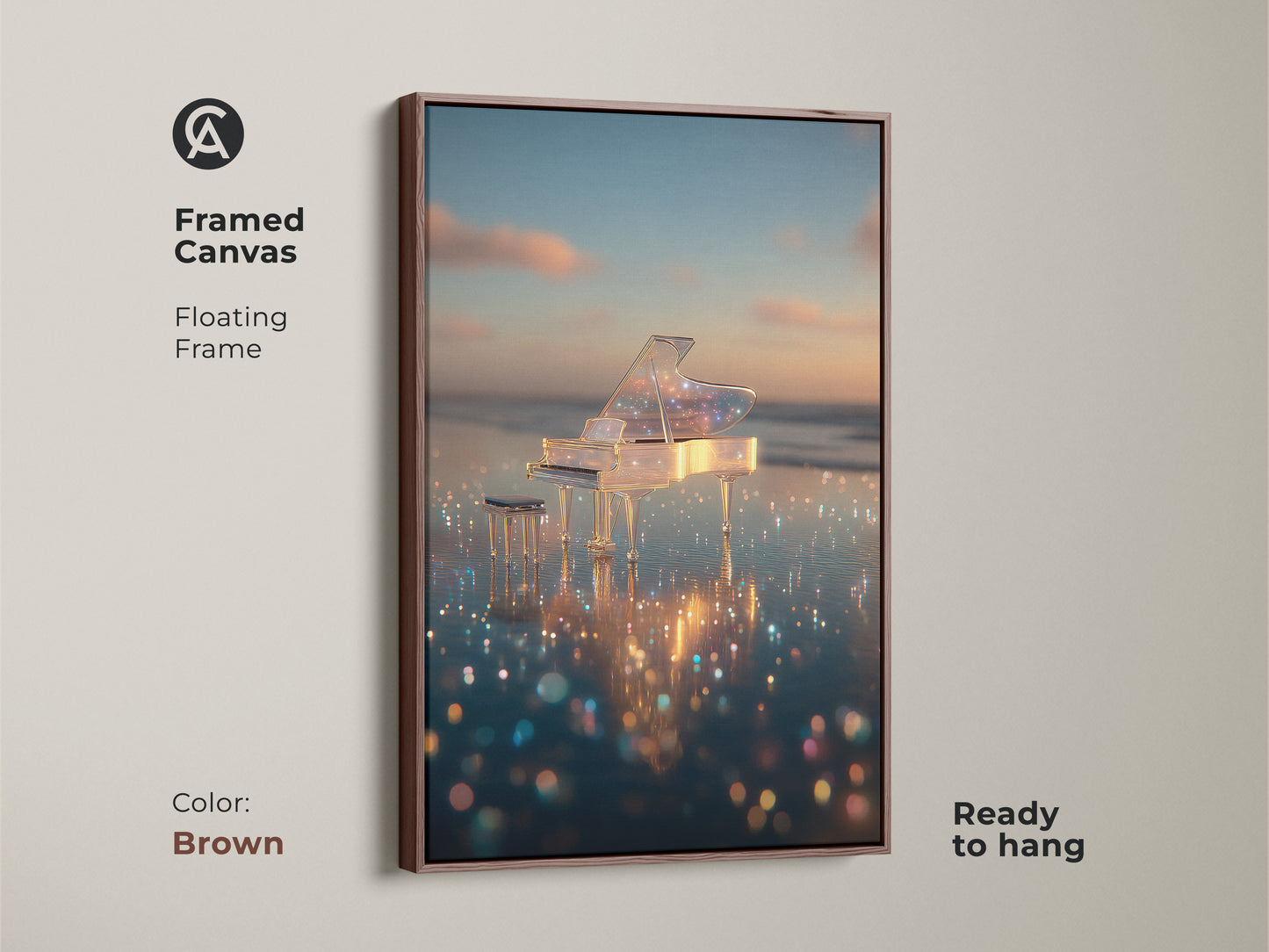Brown framed canvas art of a crystal piano on a shimmering beach. The floating frame enhances the artwork. It is ready to hang. The piano art brings a touch of elegance to any space. Perfect for music lovers and coastal decor. Add this serene piece to your collection today.