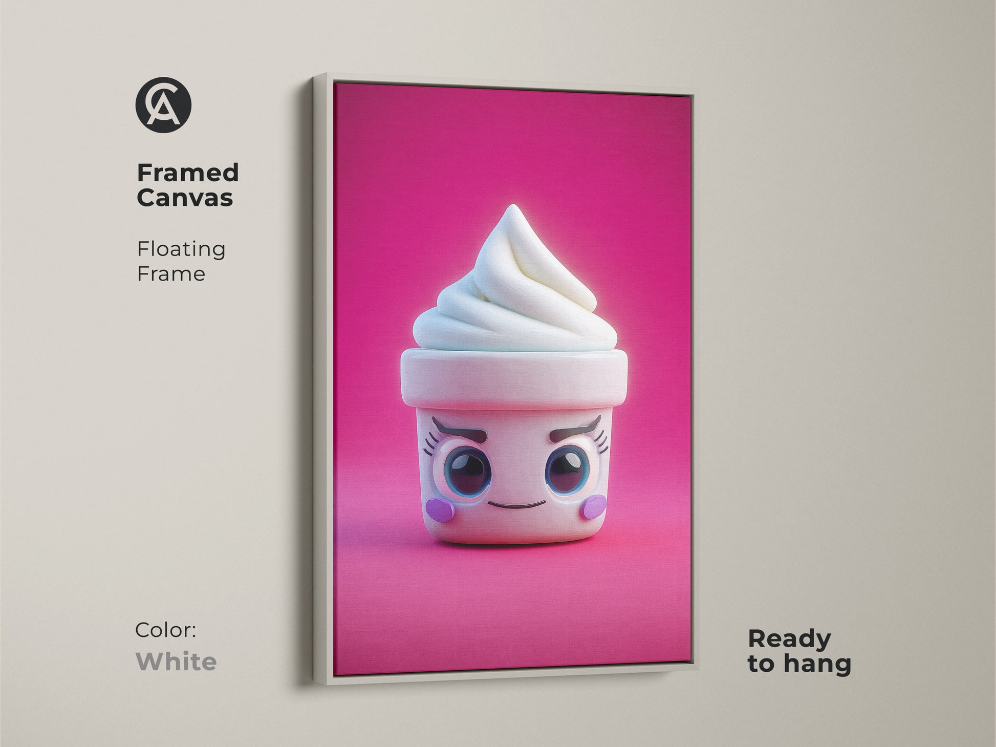 Framed canvas featuring kawaii ice cream cone artwork. The cute soft serve art is in a white floating frame. The pink abstract food wall art is ready to hang. It's great as kids birthday gift art.