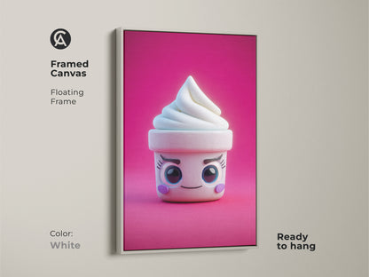 Framed canvas featuring kawaii ice cream cone artwork. The cute soft serve art is in a white floating frame. The pink abstract food wall art is ready to hang. It's great as kids birthday gift art.