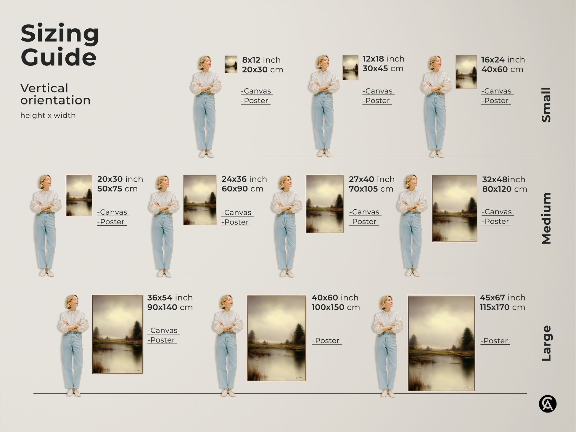Sizing guide for vertical orientation shows this lake art print in various sizes. Choose from canvas or poster options. Find the perfect fit for your space to enjoy this peaceful water scene.