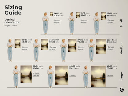 Sizing guide for vertical orientation shows this lake art print in various sizes. Choose from canvas or poster options. Find the perfect fit for your space to enjoy this peaceful water scene.