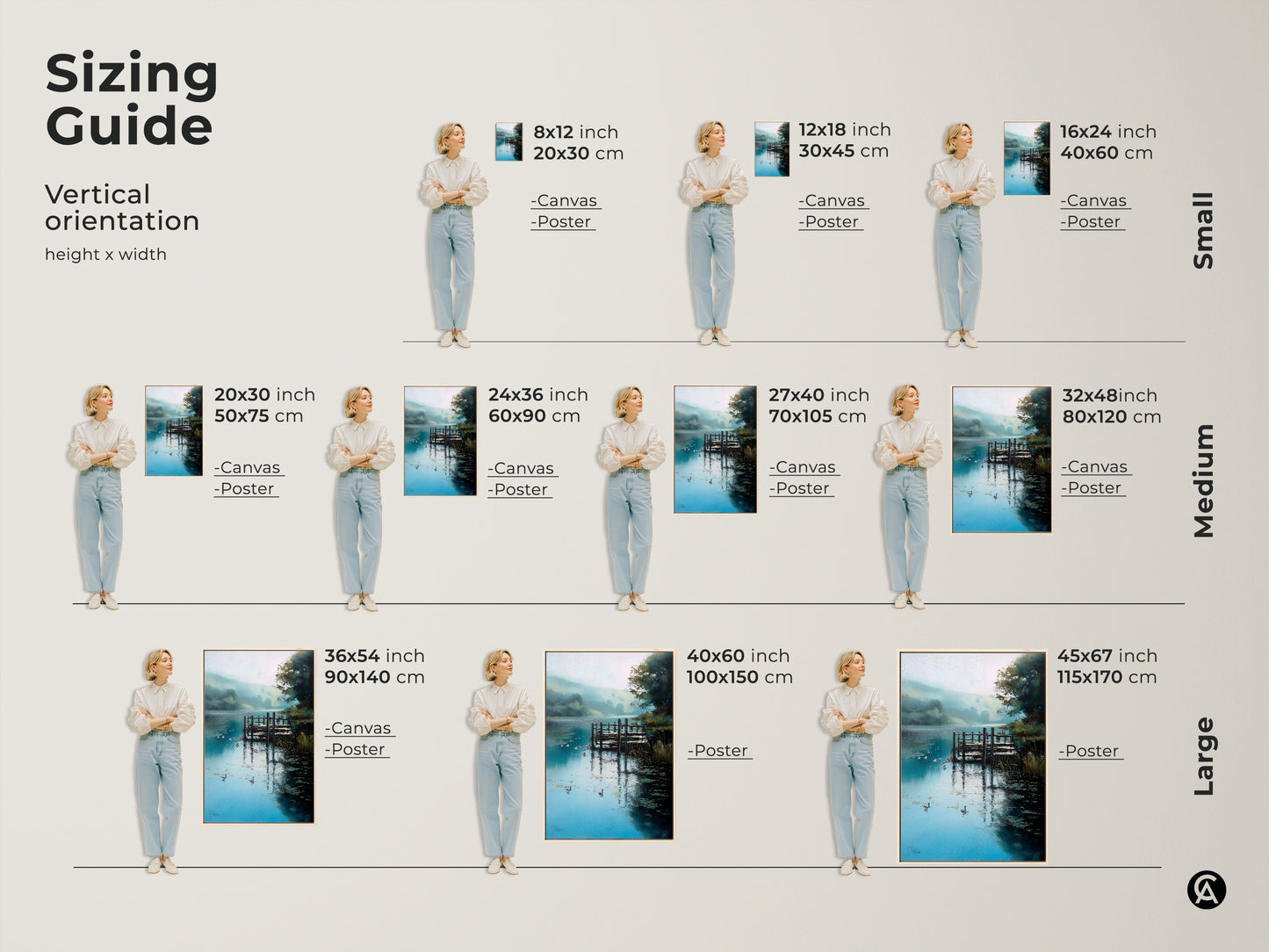 See the sizing guide for this lake landscape canvas art. Visualize different sizes of the serene painting with a rustic dock and geese. The teal blue green nature art is perfect for any room. Find the ideal fit for your space and bring the outdoors in.