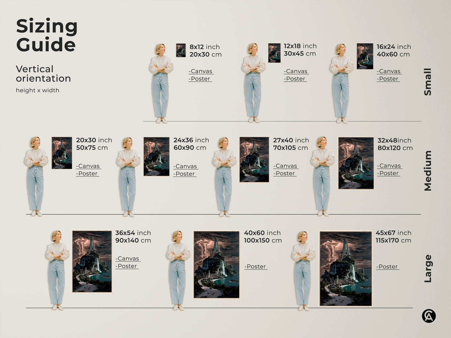 Sizing guide for vertical orientation height and width artwork. Small medium and large canvas and poster options. Find the perfect size for your space. Transform your home decor now.