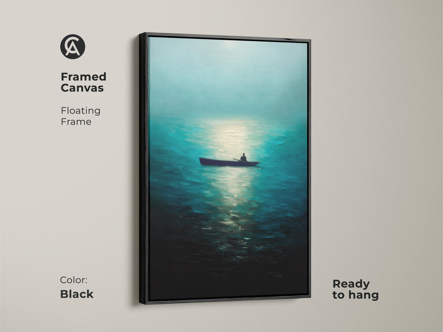 Framed canvas featuring a man in a rowboat on a deep blue ocean. Black floating frame enhances this minimalist nature artwork. Ready to hang for easy installation. This coastal home decor brings the tranquility of the sea to your living space.