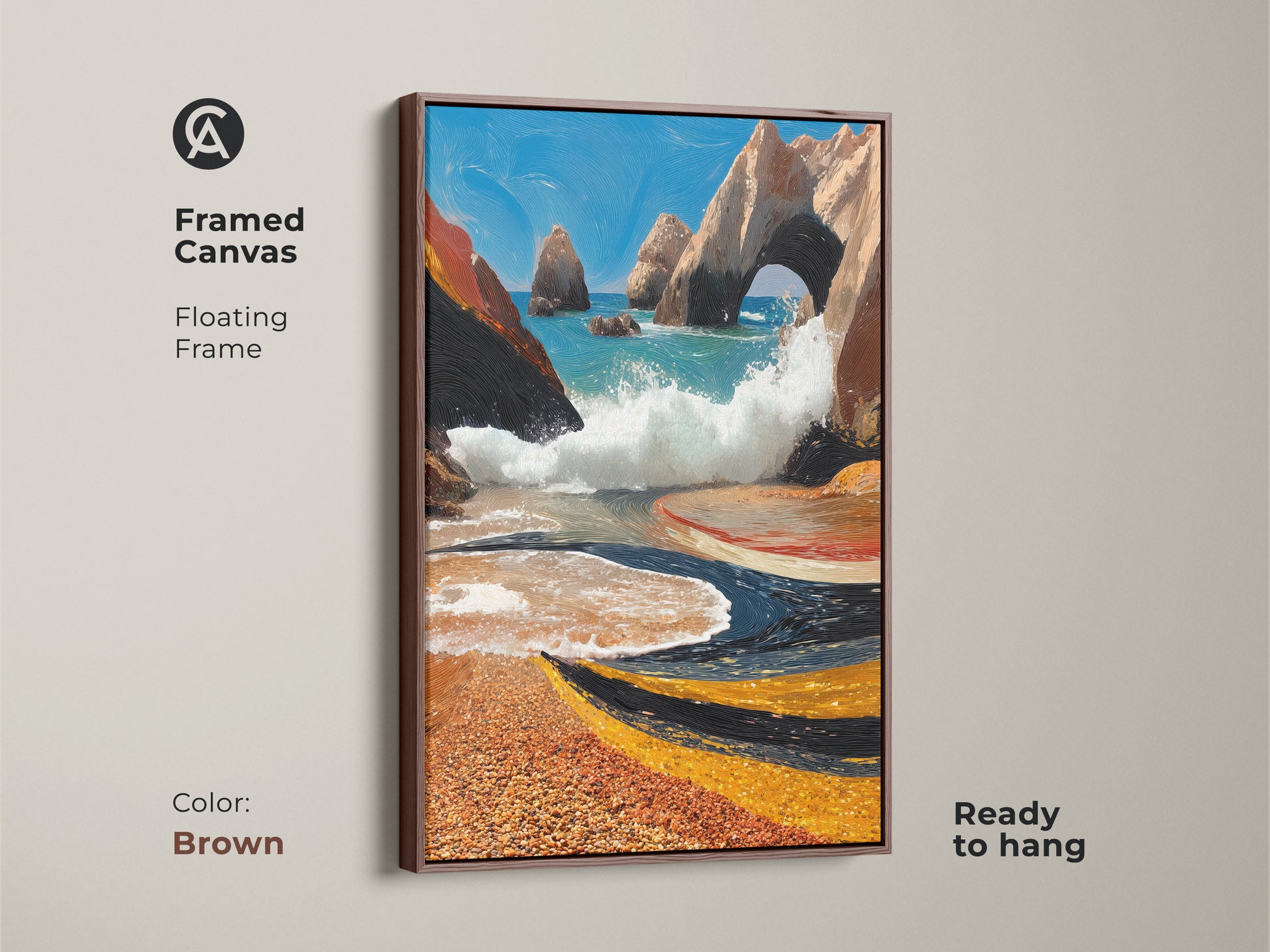 Framed canvas of a coastal archway scene. Dynamic ocean waves create a beach print. Textured aqua and orange colors enhance the art. It has blue landscape wall decor. The floating frame is brown. Perfect as coastal living room art.