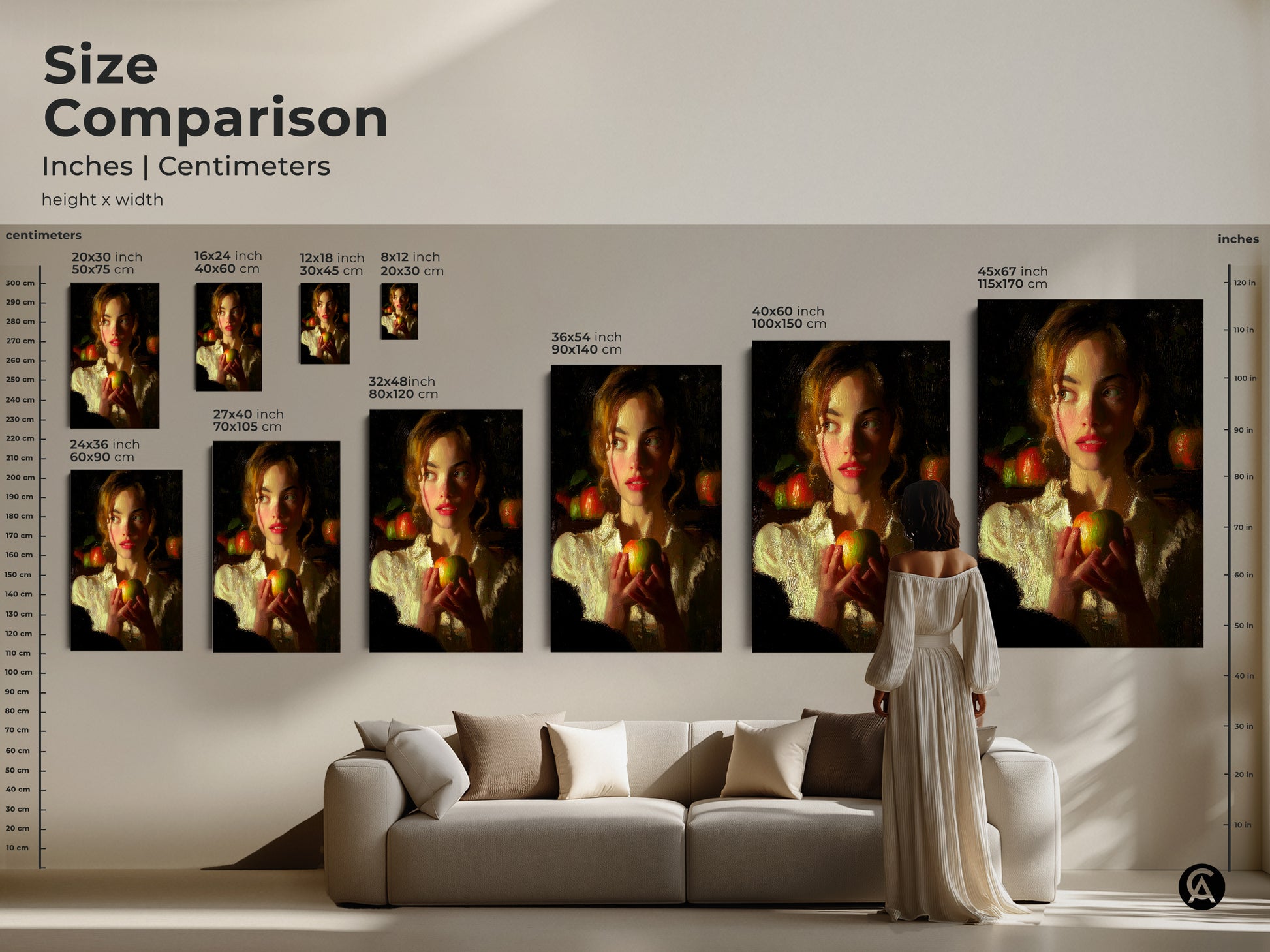 Size comparison of a woman holding an apple art print. It is displayed above a couch. See how the different sizes fit in a living space. Sizes range from 8x12 inch to 45x67 inch. This classical realism artwork enhances any traditional home decor. Perfect as a gift.