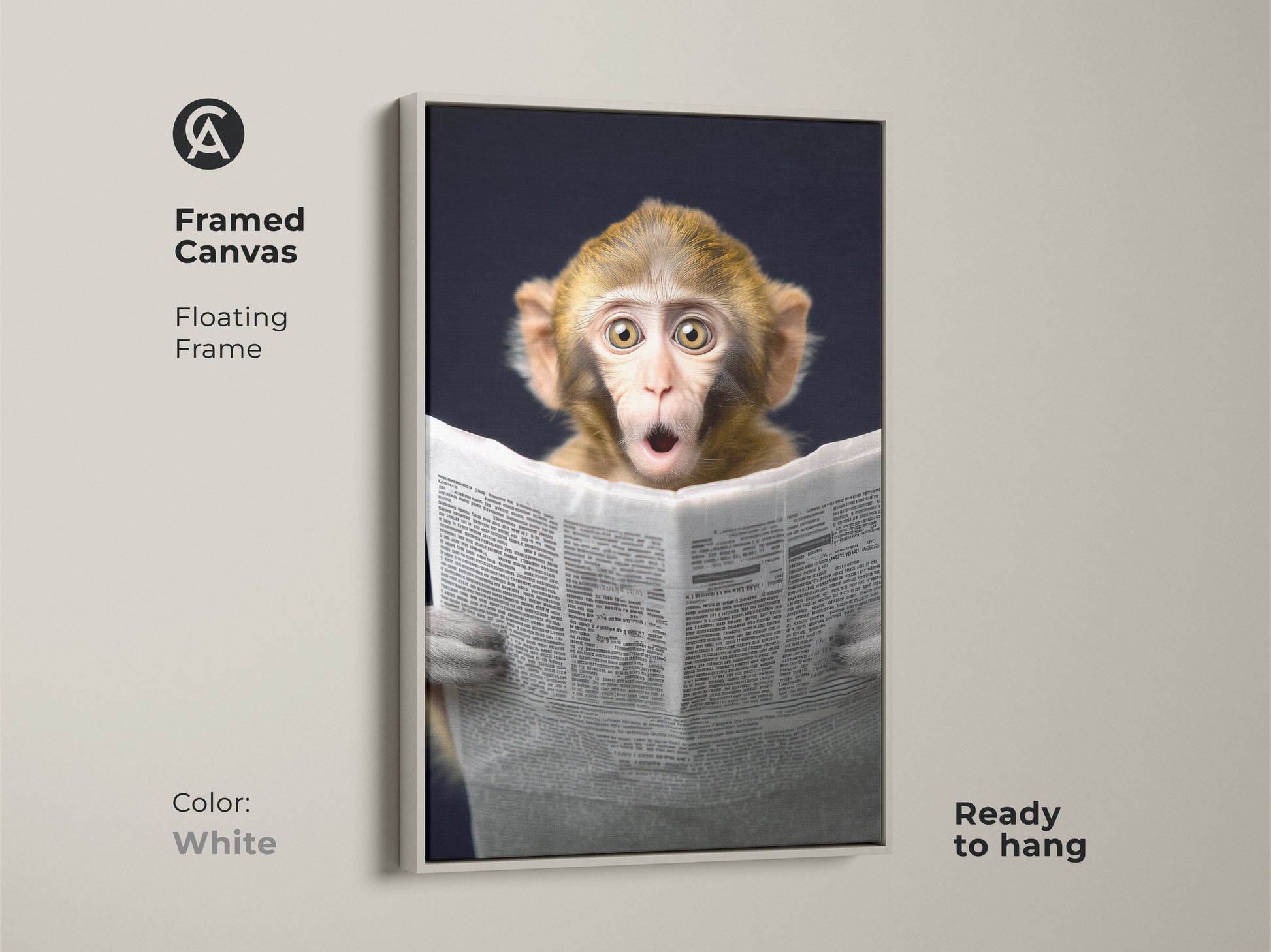 This framed canvas features a monkey engrossed in reading a newspaper artwork. The floating white frame adds a clean modern touch. Ready to hang this animal themed wall art brings humor to your space. Ideal for eclectic home decor and office spaces. This whimsical animal print makes a unique birthday gift for animal lovers. The unique wall hanging is a perfect conversation starter.