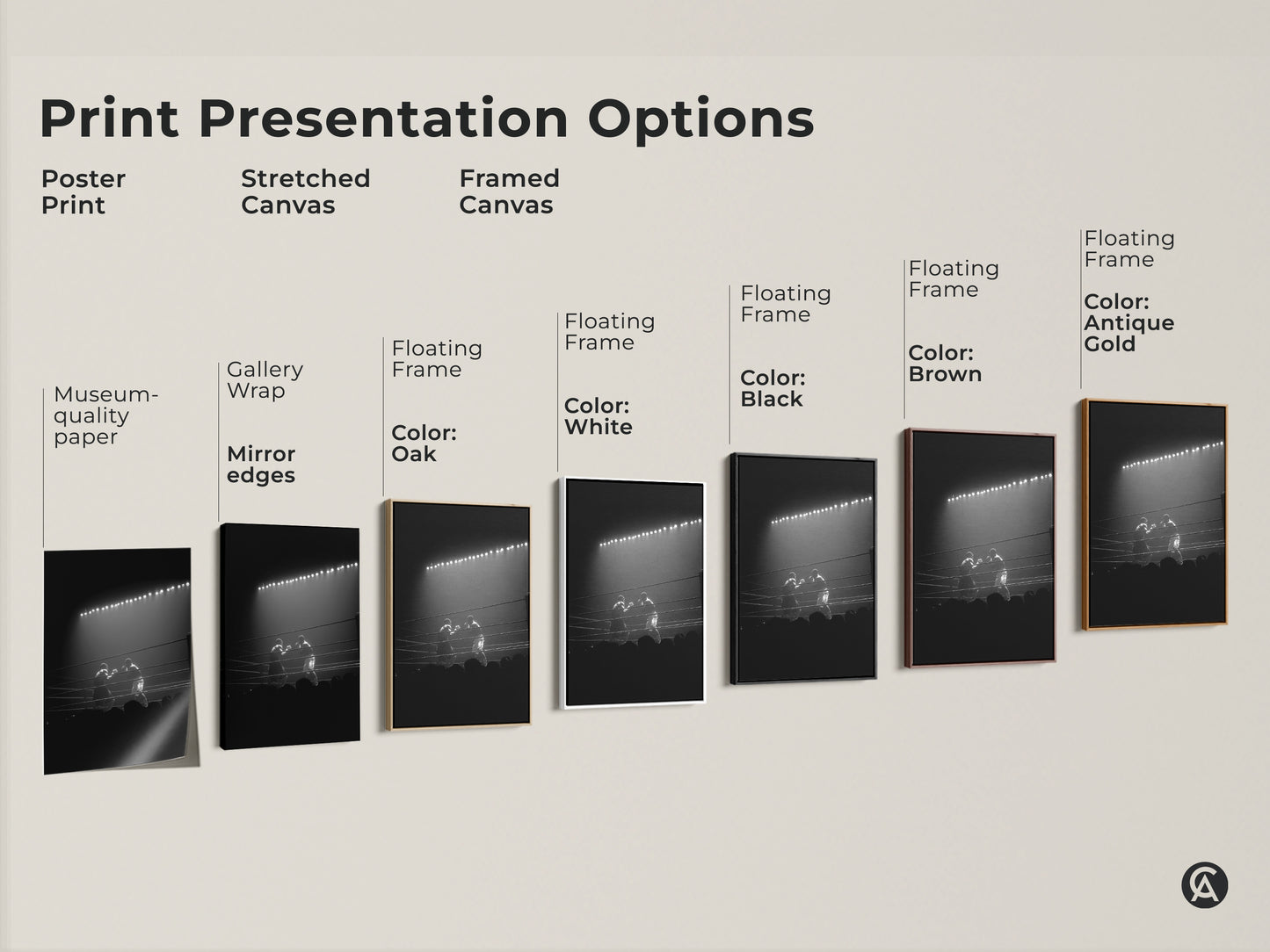 Explore print presentation options for black and white boxing artwork. Choose from poster prints or stretched canvases. Framed canvases are also available to match various decor styles.