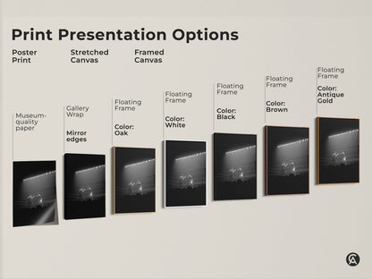 Explore print presentation options for black and white boxing artwork. Choose from poster prints or stretched canvases. Framed canvases are also available to match various decor styles.