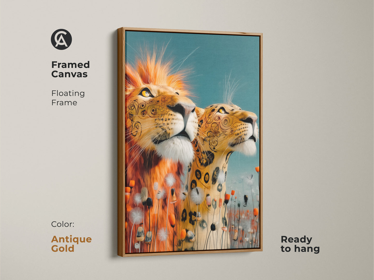 Framed canvas with a lion and leopard artwork. Floating frame in antique gold. Ready to hang and adds a sophisticated touch. Gold and teal wildlife art for eclectic home decor. It is a unique animal wall hanging