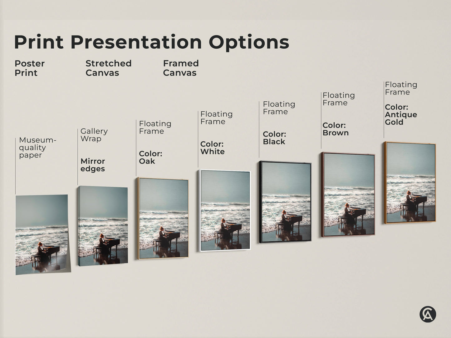 Explore print presentation options for a beach piano art piece. Choose from poster print stretched canvas or framed canvas. Select a floating frame in colors like white black brown or antique gold. Find the perfect style to match your aesthetic today.