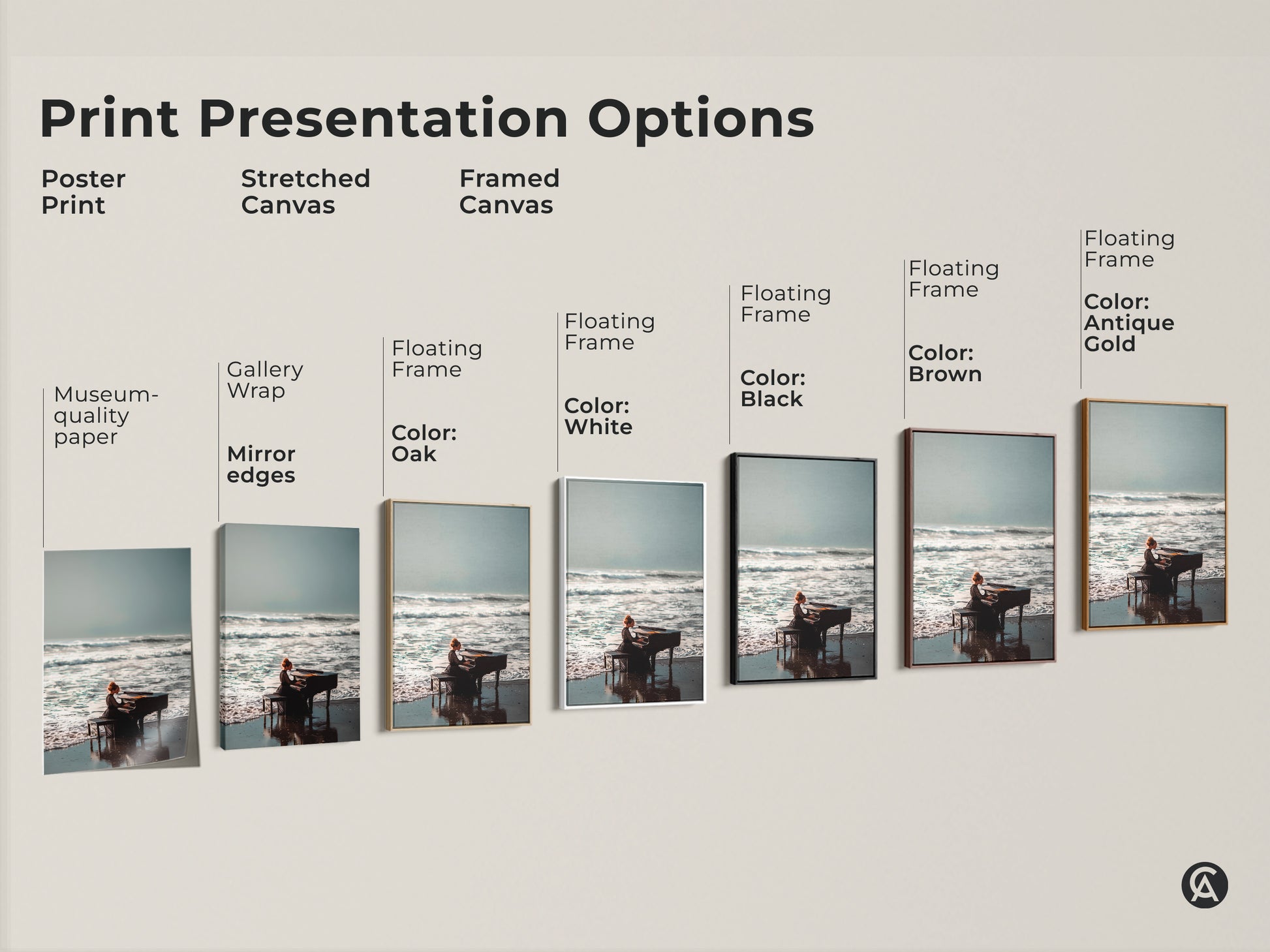 Explore print presentation options for a beach piano art piece. Choose from poster print stretched canvas or framed canvas. Select a floating frame in colors like white black brown or antique gold. Find the perfect style to match your aesthetic today.