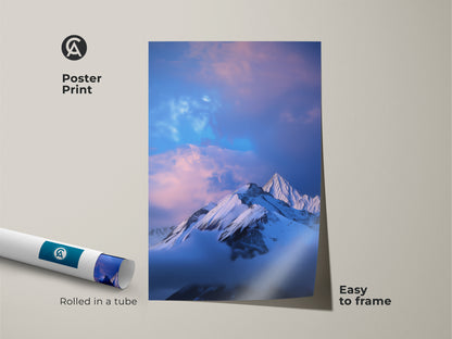 Poster print featuring a snowy mountain and blue sky. The photorealistic mountain decor is easy to frame. This nature art print is rolled in a tube for protection. Perfect for any room and outdoor lovers.