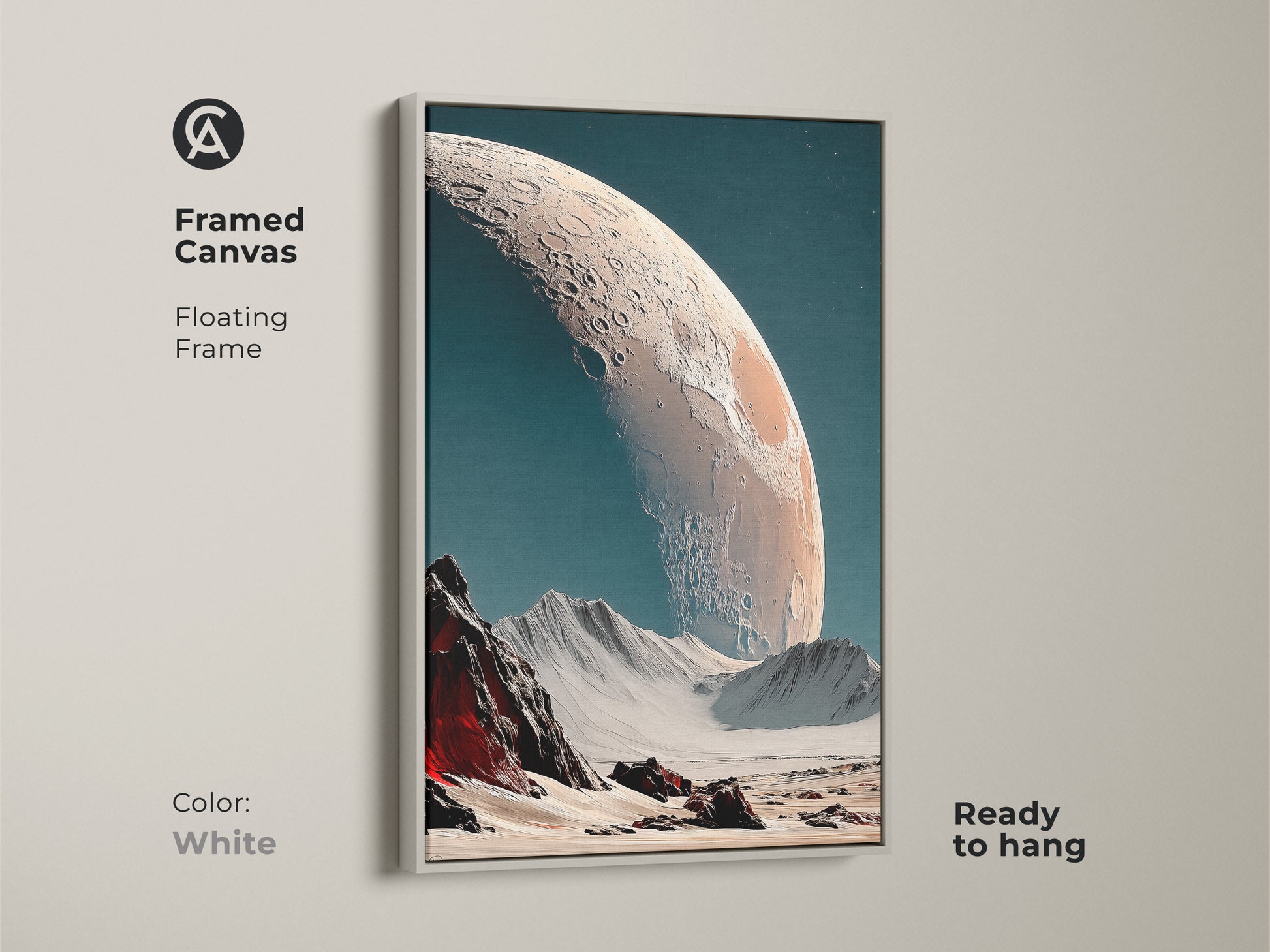 Framed canvas art of a cratered planet in space. The lunar white artwork comes in a white floating frame. This ready-to-hang canvas is a contemporary art piece. Perfect for adding a touch of cosmic beauty to any room. Ideal for sci-fi fans and stargazers.