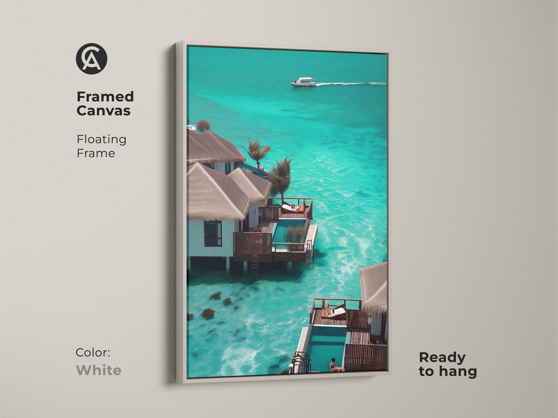 Framed canvas with a white floating frame featuring a luxury tropical resort bungalow. The teal ocean and speedboat create a coastal beach house vibe. This turquoise water canvas is ready to hang. It is the perfect housewarming gift for beach lovers.