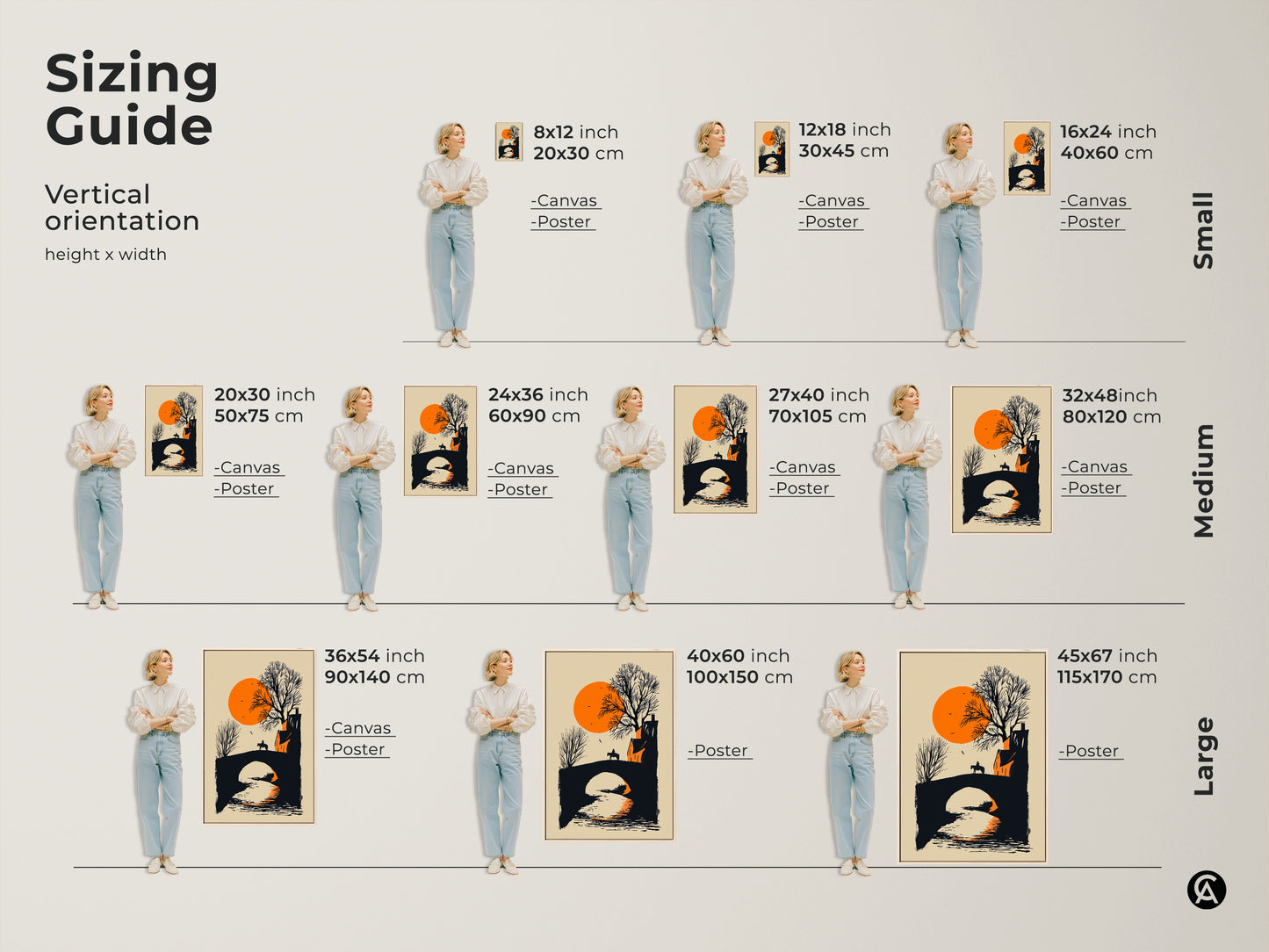 Sizing guide for minimalist horse rider bridge canvas and poster art. Visualize vertical orientation height and width. Available in small medium and large sizes. Perfect for modern farmhouse decor. This orange and black sunset landscape wall art adds a unique touch. Ideal gift for travelers.