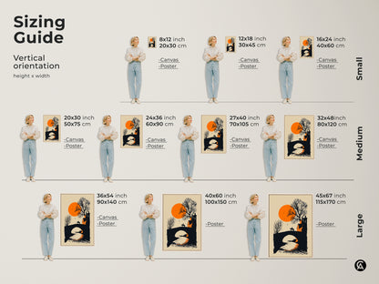 Sizing guide for minimalist horse rider bridge canvas and poster art. Visualize vertical orientation height and width. Available in small medium and large sizes. Perfect for modern farmhouse decor. This orange and black sunset landscape wall art adds a unique touch. Ideal gift for travelers.