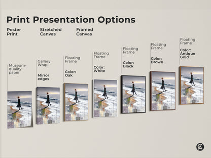 Print presentation options of the abstract woman beach art. Options of the print are poster print stretched canvas and framed canvas. Perfect minimalist coastal home decor