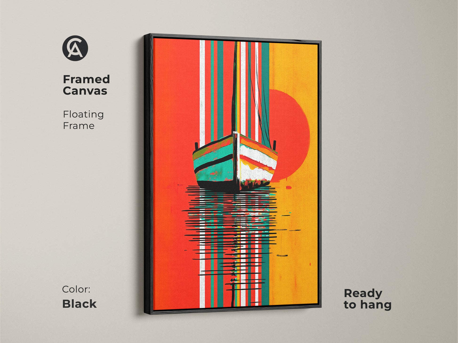 A framed canvas with a floating black frame features abstract seascape art. The nautical sailboat sunset print includes orange yellow and teal accents. This wall art is ready to hang.