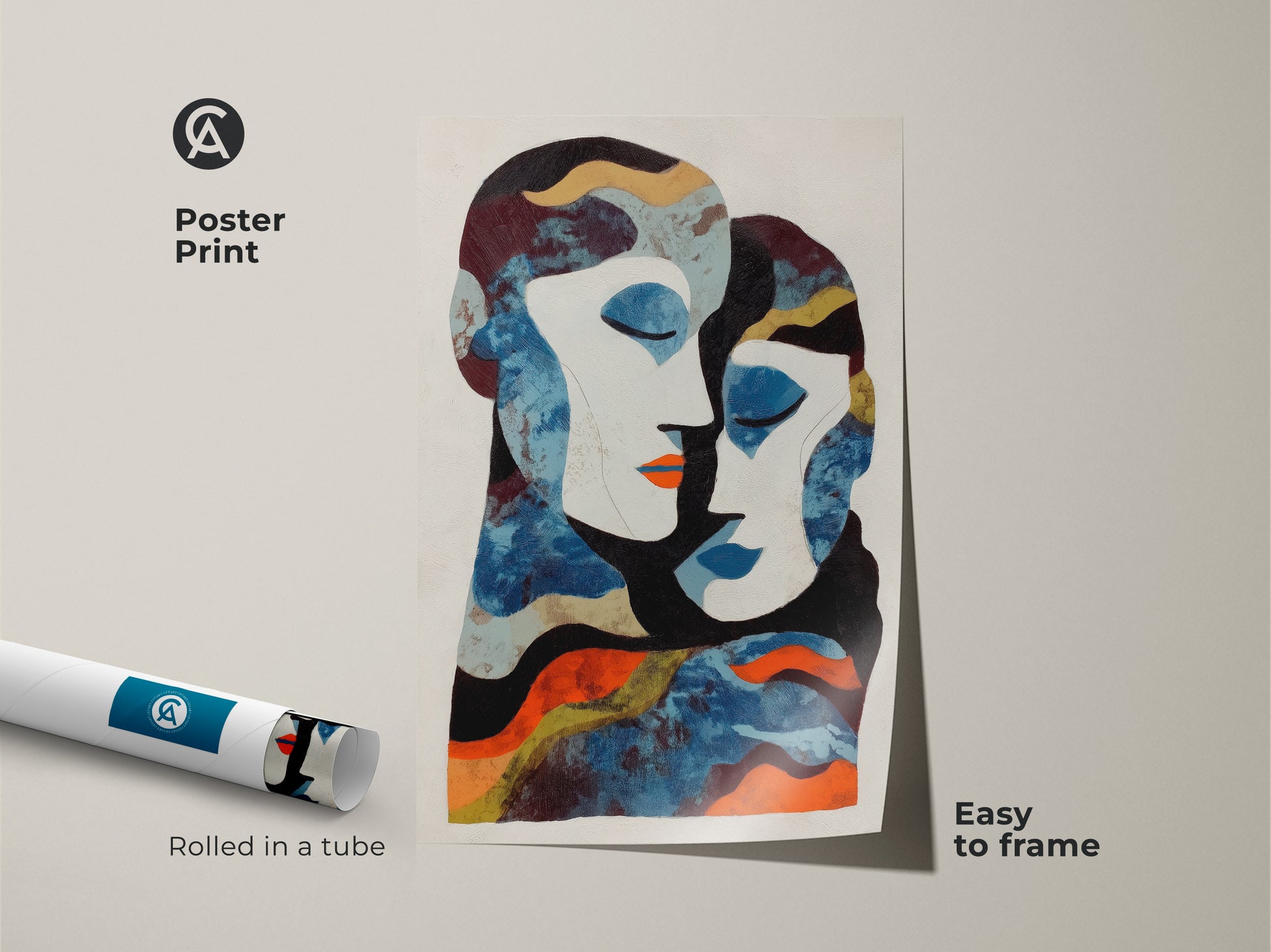 Elevate your home decor with this stunning blue orange couple art print. Perfect as modern eclectic bedroom art or a unique anniversary gift. The abstract figurative artwork adds a touch of romance to any room.