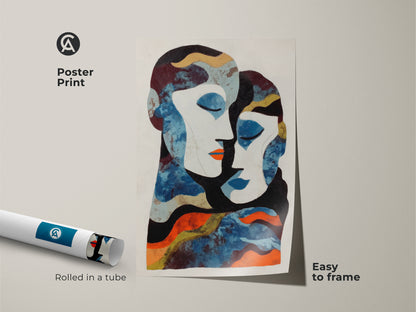Elevate your home decor with this stunning blue orange couple art print. Perfect as modern eclectic bedroom art or a unique anniversary gift. The abstract figurative artwork adds a touch of romance to any room.