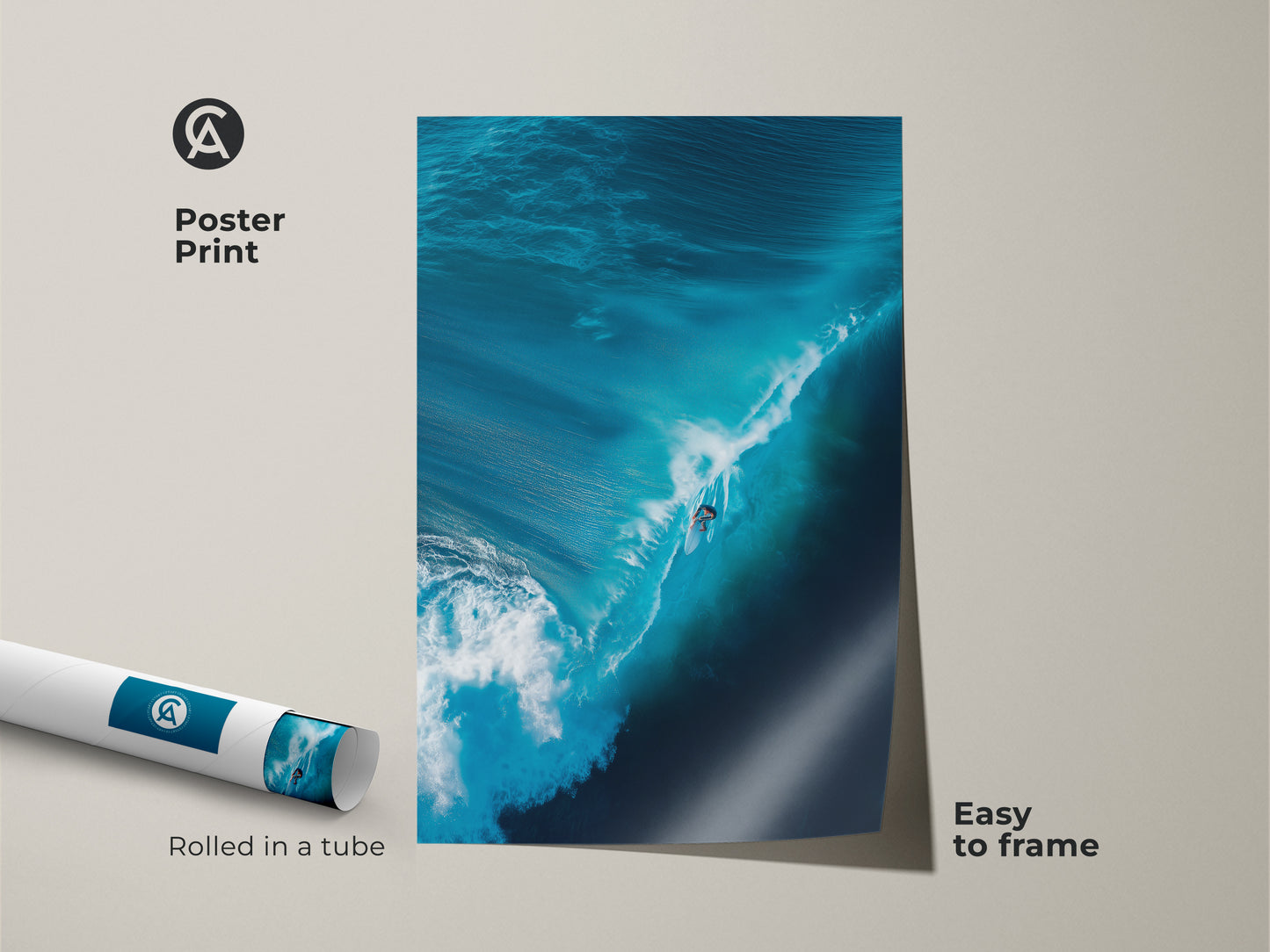 This poster print features a surfer riding a blue wave. The artwork is easy to frame. This museum-quality paper captures the essence of surf culture. Rolled in a tube for safe delivery. Perfect for surf art collectors. Get your wave art print now