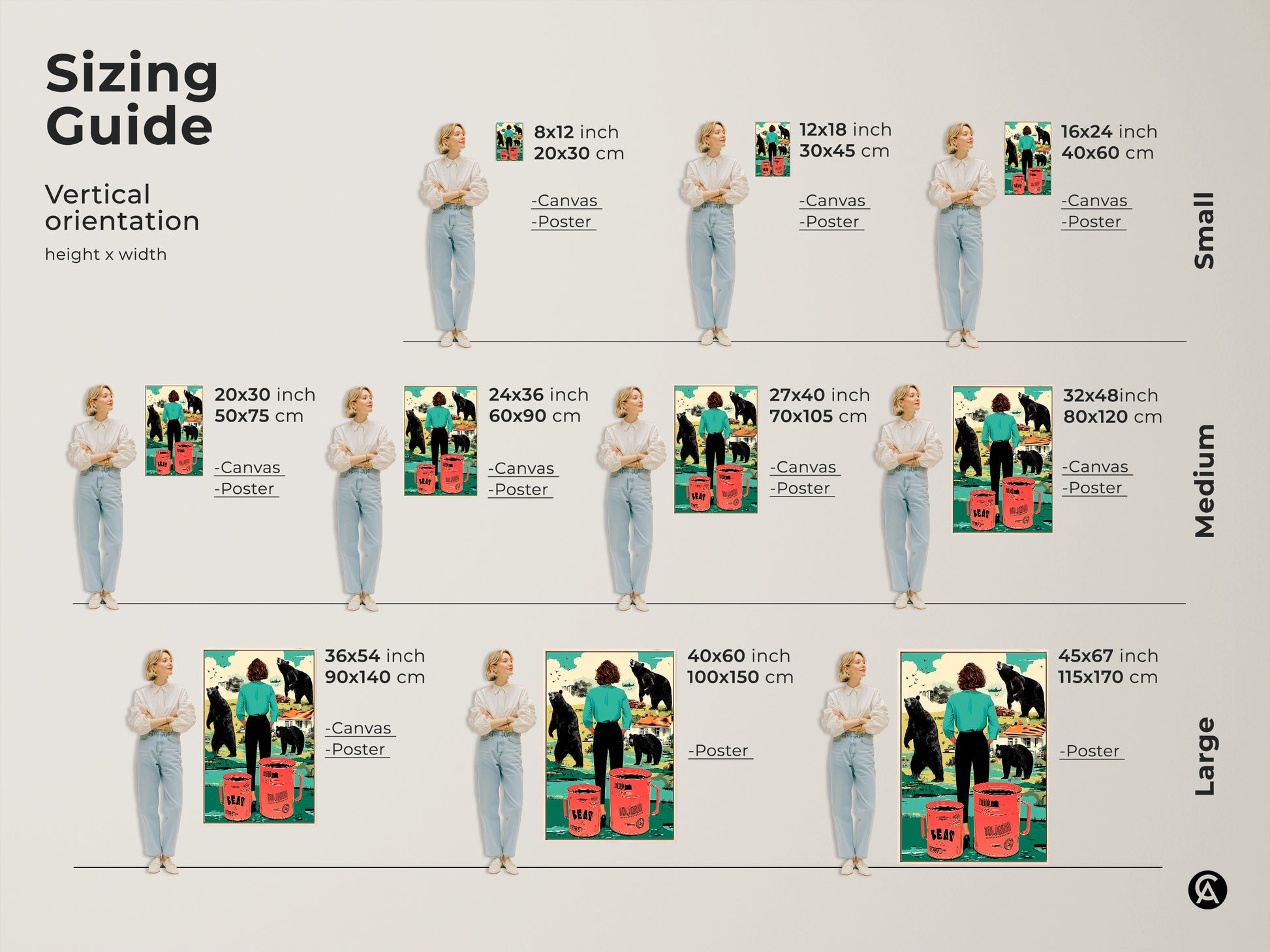 Sizing guide for vertical orientation artwork. Discover canvas and poster sizes for surreal bear prints. Find the perfect fit for your space from small to large. This eclectic wall art adds retro style with teal orange decor. Perfect as a housewarming gift for coffee lovers.