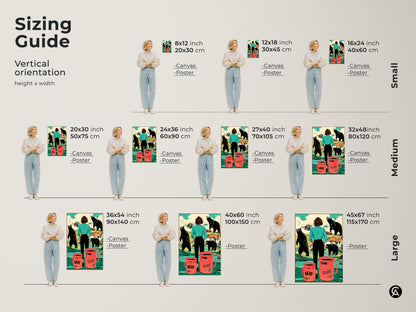 Sizing guide for vertical orientation artwork. Discover canvas and poster sizes for surreal bear prints. Find the perfect fit for your space from small to large. This eclectic wall art adds retro style with teal orange decor. Perfect as a housewarming gift for coffee lovers.