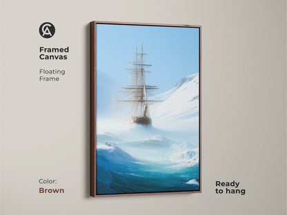 A framed canvas features a tall ship in a cyan iceberg sea. This ready-to-hang artwork with a brown floating frame is deep blue nautical art. Excellent home office nautical print it adds a maritime touch. This sailing artwork is an adventurous explorer gift for study room decor.