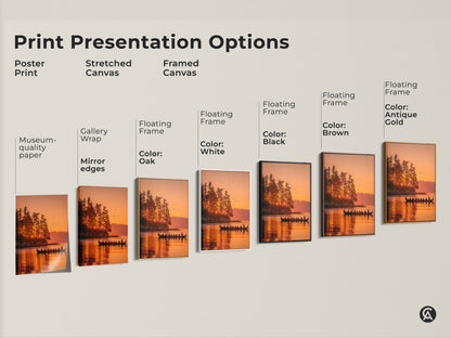 Explore print presentation options with this stunning sunset and canoe scene. Choose from poster prints stretched canvas or framed canvas to suit your style. Options include gallery wrap mirror edges and floating frames in various colors. Find the perfect art for your space. Shop artwork now.