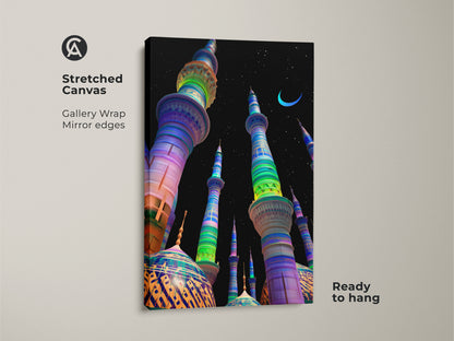 The image shows a stretched canvas print of mosque digital artwork. The gallery wrap features mirrored edges. This islamic architecture wall art is ready to hang. It showcases blue green and purple hues against a night sky.