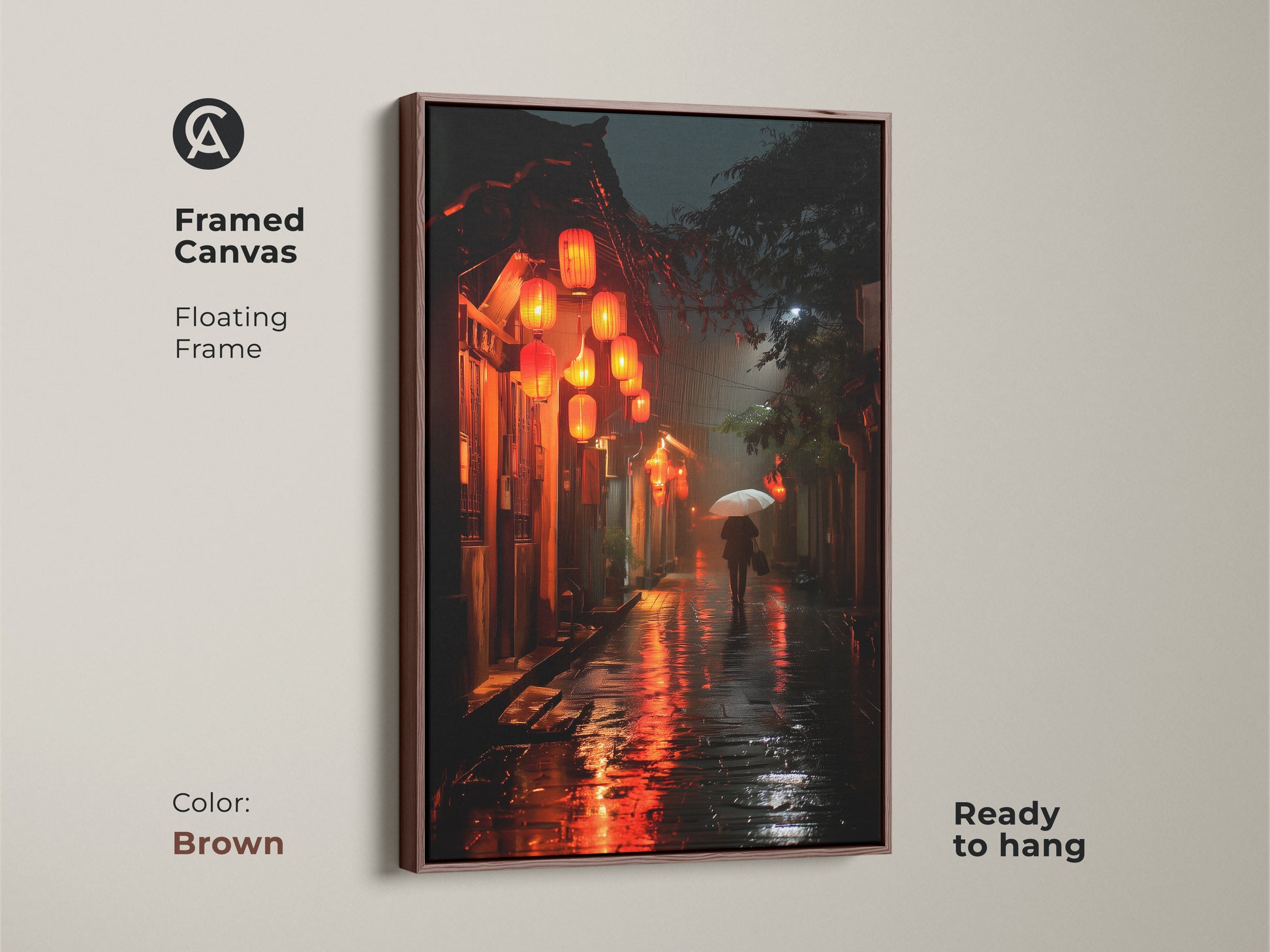 This framed canvas print features a captivating rainy Asian street scene. The warm brown floating frame complements the artwork. Red lanterns cast a soft glow. A figure with an umbrella walks into the night. This piece is ready to hang and enjoy.