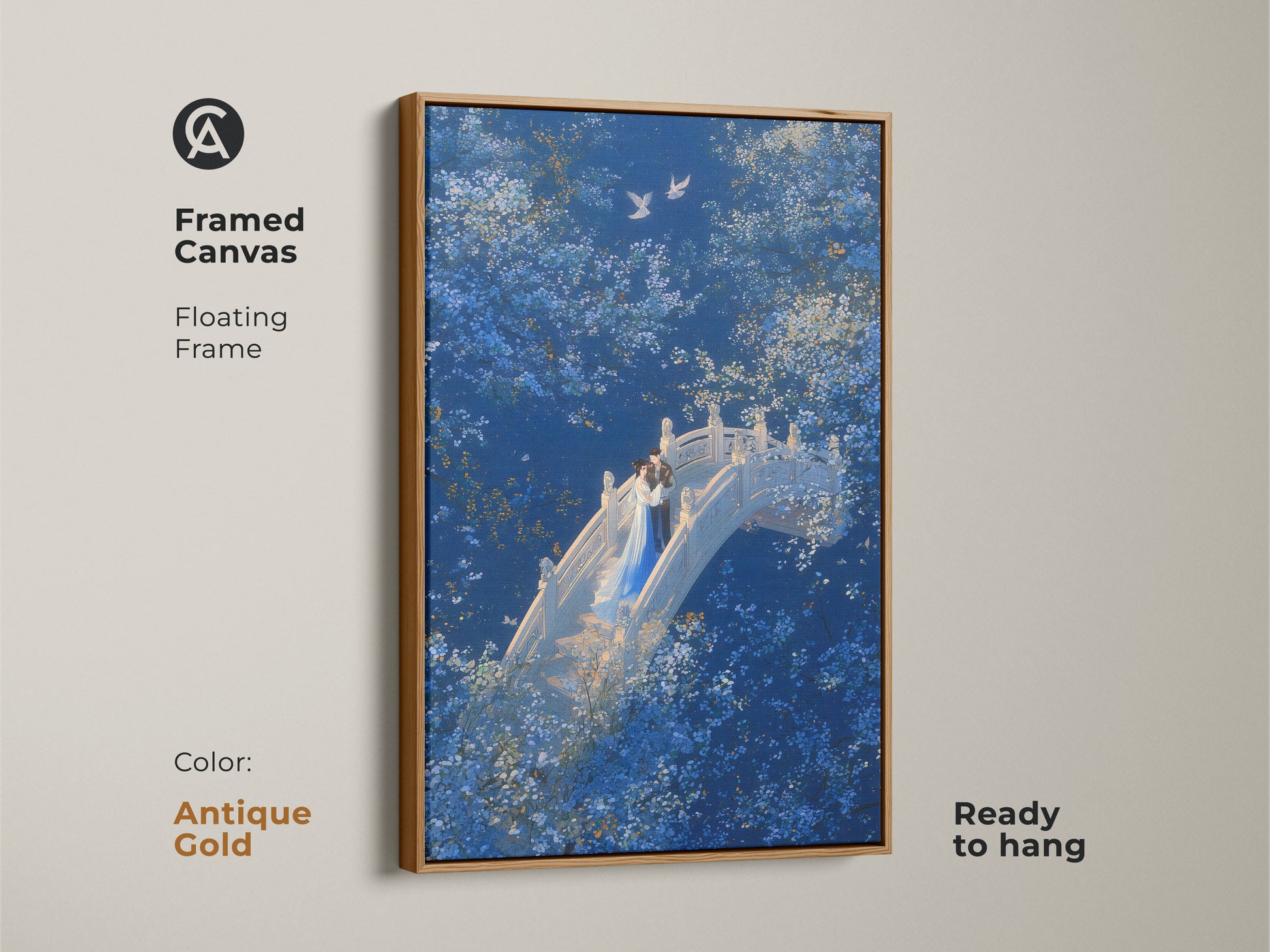 Framed Canvas: A Couple on Bridge Wall Art with an antique gold floating frame. The Deep Blue Romantic Art showcases White Blossom elements. This Fantasy Nature Couple Art is ready to hang. A perfect Anniversary Gift for Lovers. Blue floral wall decor for any room.