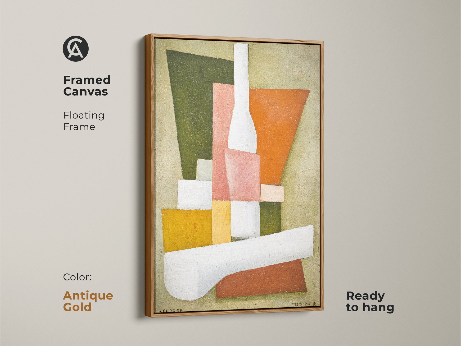 Framed canvas showcasing mid-century modern cubism artwork. The antique gold floating frame enhances the abstract shapes print. Ideal wall art for dining rooms or home offices. Vintage modern art brings unique artistic flair to any space. Ready to hang.