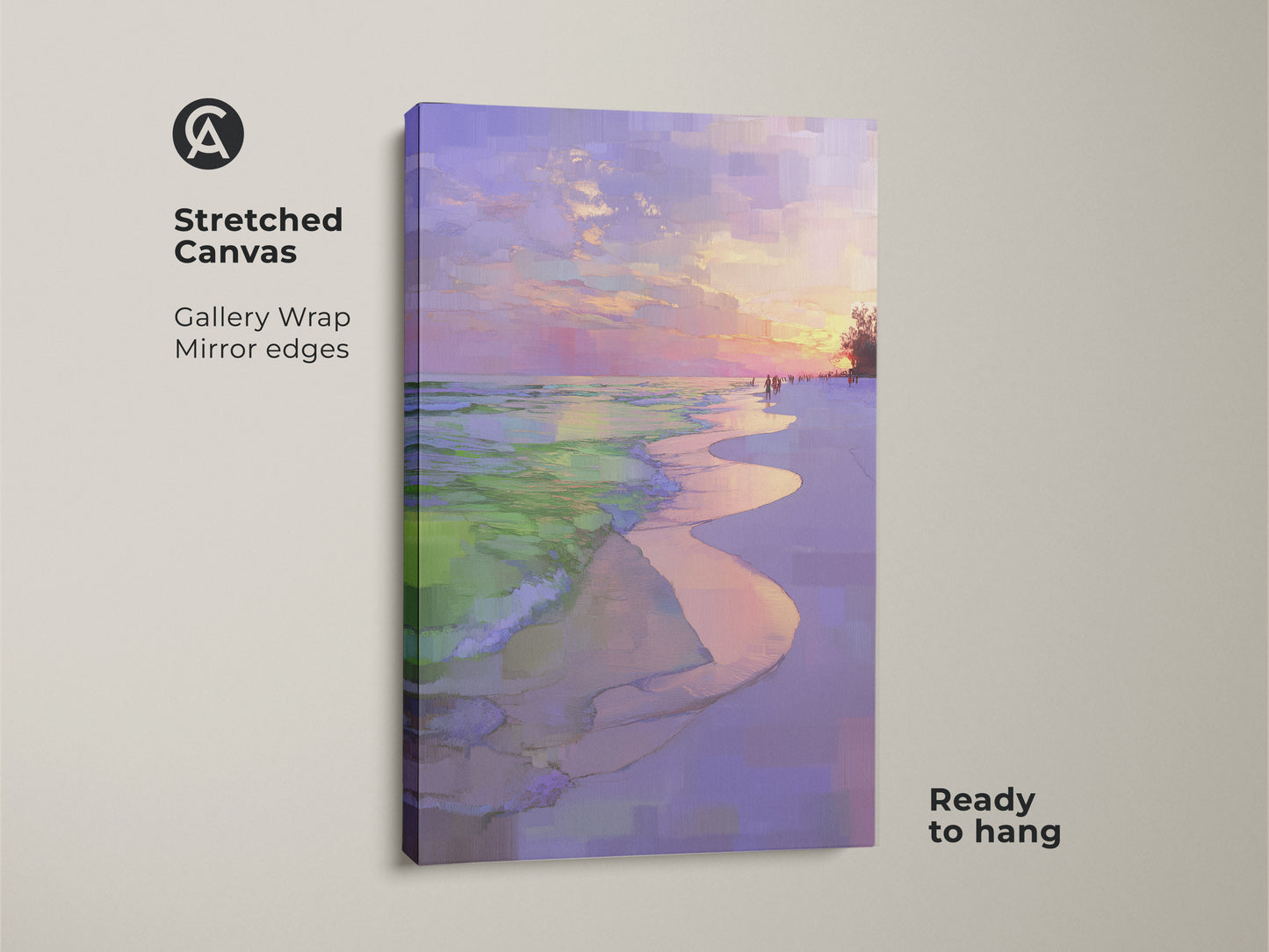 Stretched canvas showcases impressionistic beach sunset artwork. The gallery wrap offers mirror edges for a clean look. Coastal ocean waves wall print is ready to hang. Purple pink sky landscape is perfect as bedroom art.