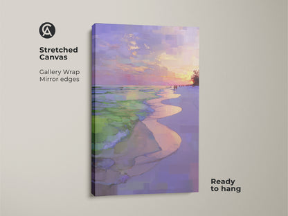Stretched canvas showcases impressionistic beach sunset artwork. The gallery wrap offers mirror edges for a clean look. Coastal ocean waves wall print is ready to hang. Purple pink sky landscape is perfect as bedroom art.