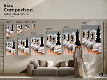 Size comparison of abstract chess artwork in inches and centimeters. Room view of surreal ocean waves art above a sofa. Choose from various sizes for canvas and poster prints. Find office wall decor art or a gift for chess lovers.