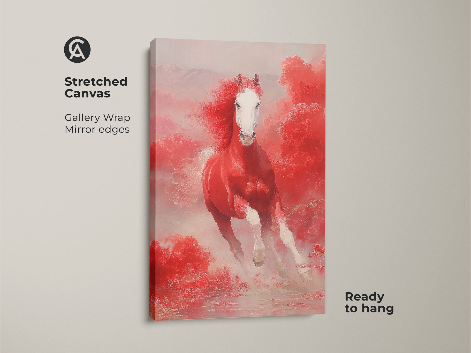 Stretched canvas of a red horse running. This fantasy horse wall art has gallery wrapped mirror edges. The red and pink clouds canvas is ready to hang. It's an asian style horse art piece and a great horse lover gift. This eclectic home decor print makes a statement.