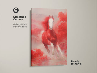 Stretched canvas of a red horse running. This fantasy horse wall art has gallery wrapped mirror edges. The red and pink clouds canvas is ready to hang. It's an asian style horse art piece and a great horse lover gift. This eclectic home decor print makes a statement.
