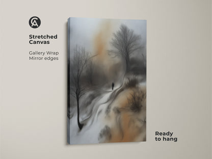 Stretched canvas print of a sepia winter landscape. Gallery wrap with mirror edges. Ready to hang artwork features a solitary figure and bare trees. Modern nature-inspired wall art.