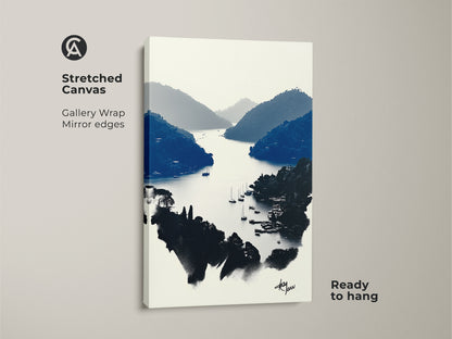 View the minimalist coastal art on stretched canvas. This boat canvas wall art evokes a nautical scene. It's ideal travel theme artwork for modern blue and white art lovers. This ocean view wall hanging is ready to enhance your bedroom or living room landscape today.