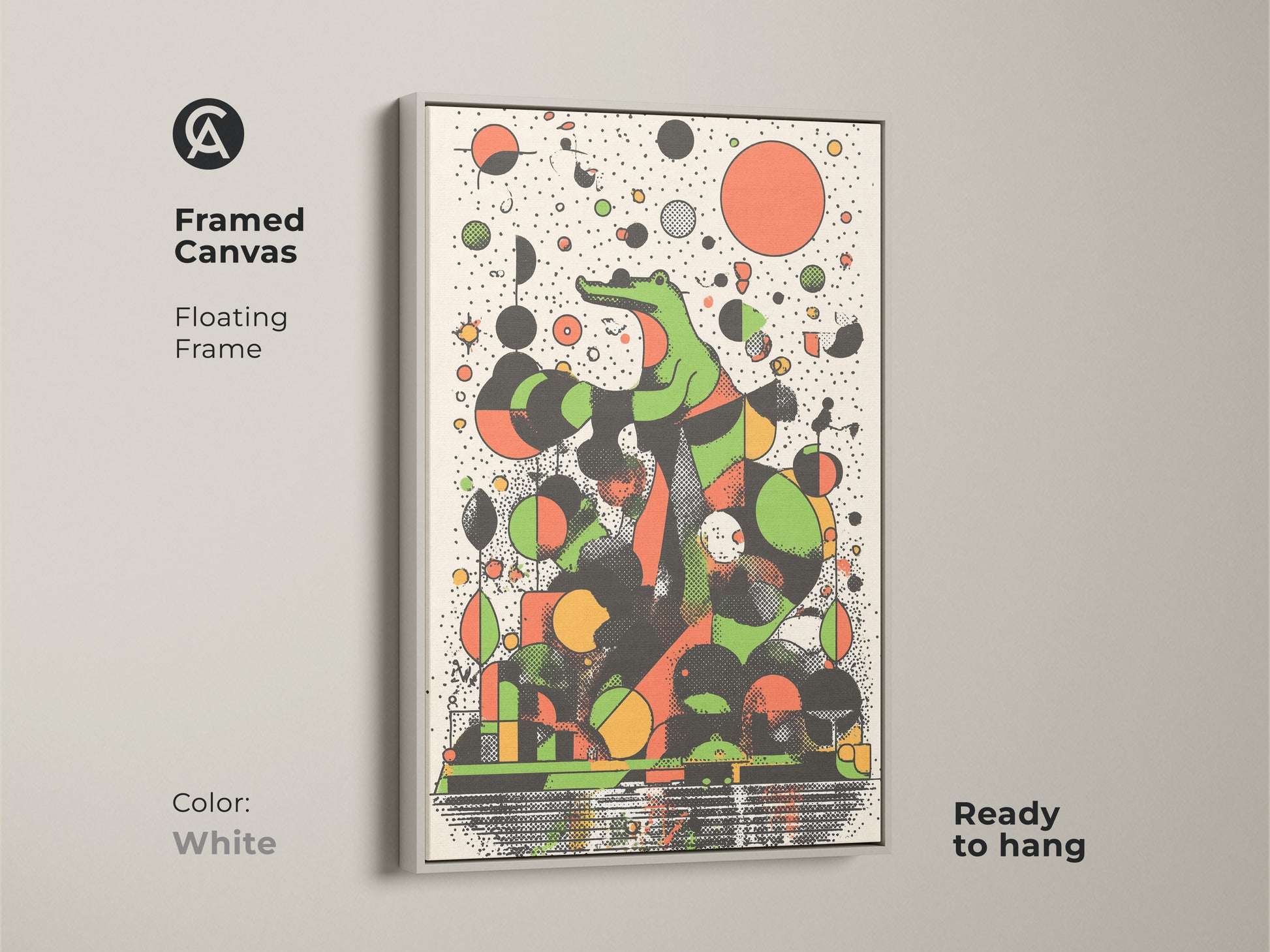 Framed canvas with a white floating frame displays abstract crocodile art. The retro animal wall art uses green geometric shapes and an orange black color scheme. It is ready to hang perfect for eclectic office decor.