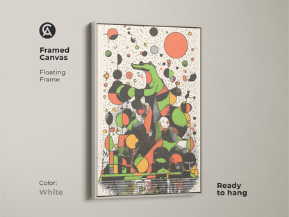 Framed canvas with a white floating frame displays abstract crocodile art. The retro animal wall art uses green geometric shapes and an orange black color scheme. It is ready to hang perfect for eclectic office decor.