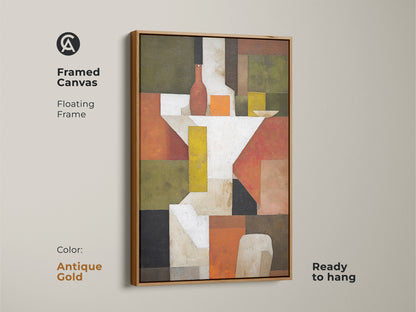 Bring elegance to your space with this framed canvas abstract still life. The antique gold floating frame highlights the terracotta and olive green tones. Geometric artwork adds a Mid-Century Modern touch. It is ready to hang.
