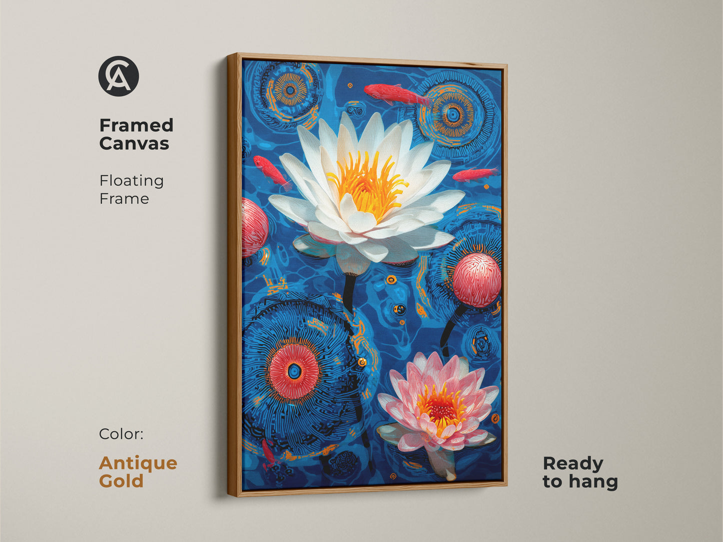Framed Canvas with an antique gold floating frame. It features a Modern Folk art print with a water lily and koi fish theme. The deep blue vibrant orange and red tones make it an eye-catching piece. Ready to hang this framed artwork adds an eclectic.