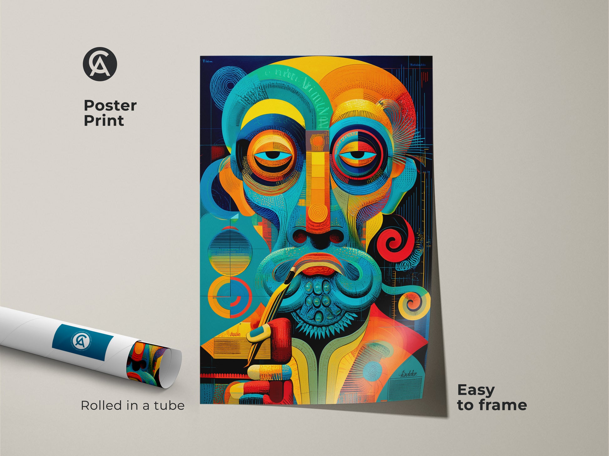 Abstract man portrait poster print rolled in a tube. Easy to frame this eclectic geometric wall art. Teal blue orange colors make it a modern and artistic addition to any room.