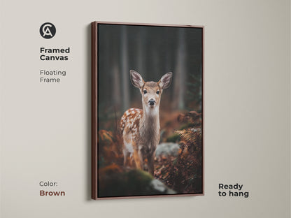 Framed canvas of a fawn in the forest with a brown floating frame. Ready to hang this rustic woodland decor adds charm. Perfect for animal lovers. A beautiful nature inspired housewarming gift.