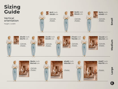 Sizing guide for boho horse wall art. Visualize cream tan beige art in various sizes. See how the rustic horse canvas print fits in your space. Perfect for planning your bedroom or living room wall decor. Find the ideal size for your housewarming gift.