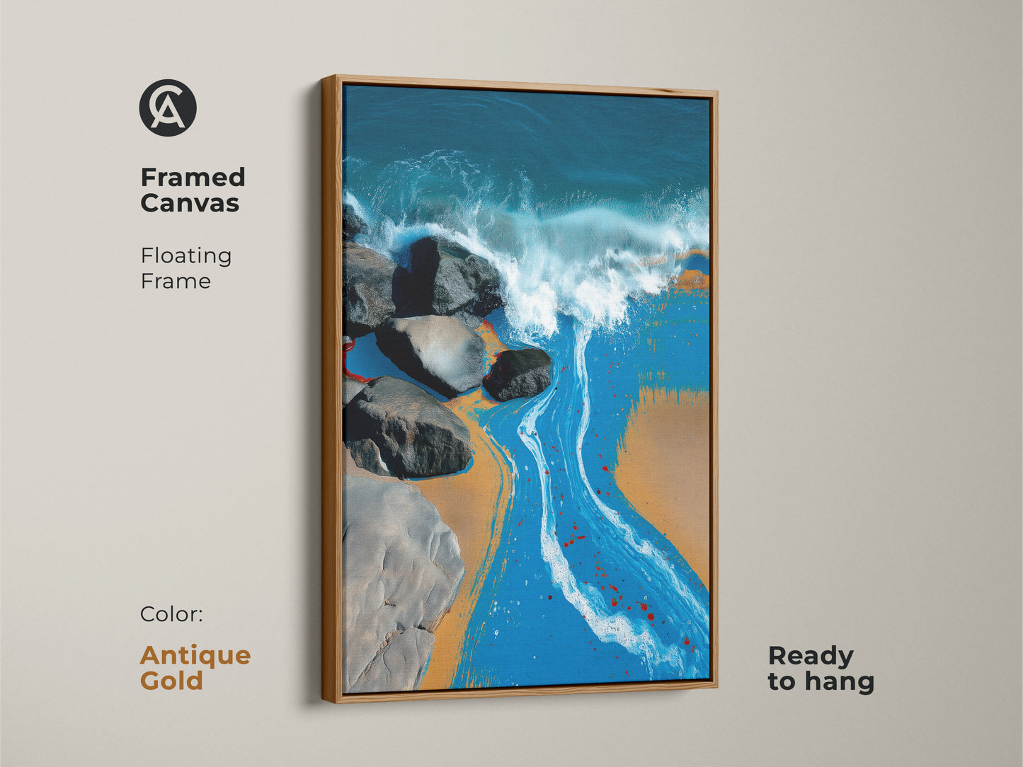 Coastal abstract art framed in antique gold. It captures ocean waves rocks and sandy beach. It is a perfect wall decor gift for a beach lover. The wall art is ready to hang.